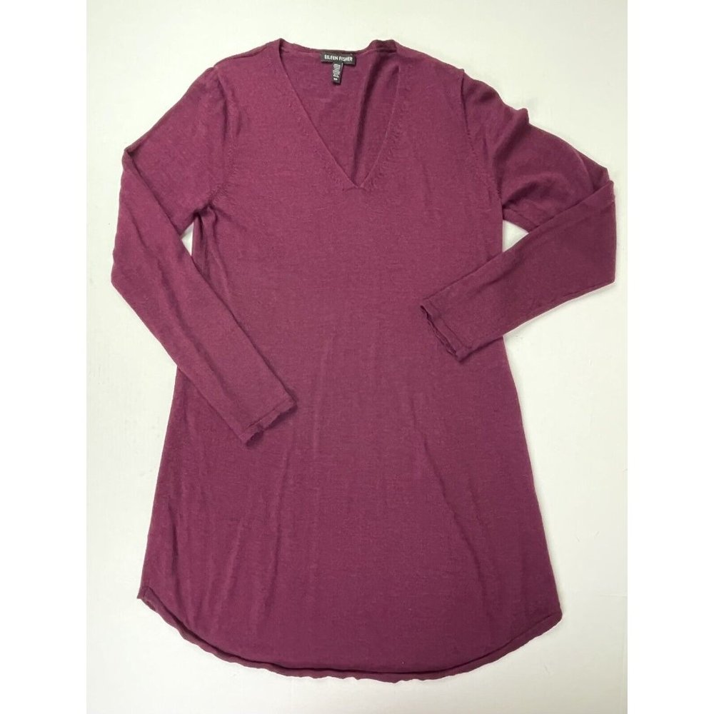 Eileen Fisher 100% Wool Italian Yarn Burgundy Knit Sweater Dress Petite Small EC